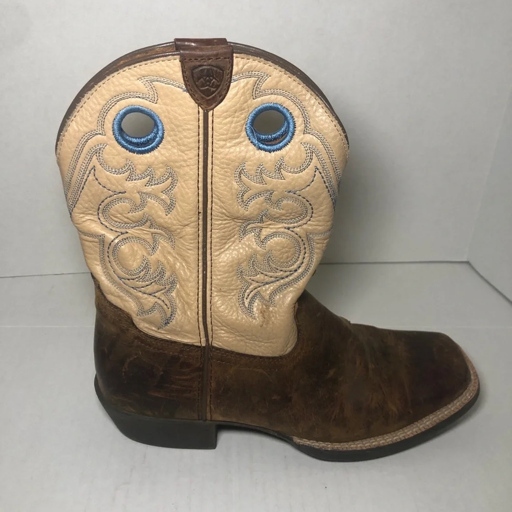 Ariat Brown Leather Kids Western Boots with Cream Shaft and Blue Accents